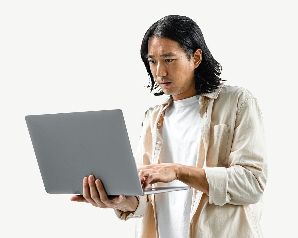 Asian man using laptop collage element isolated image psd