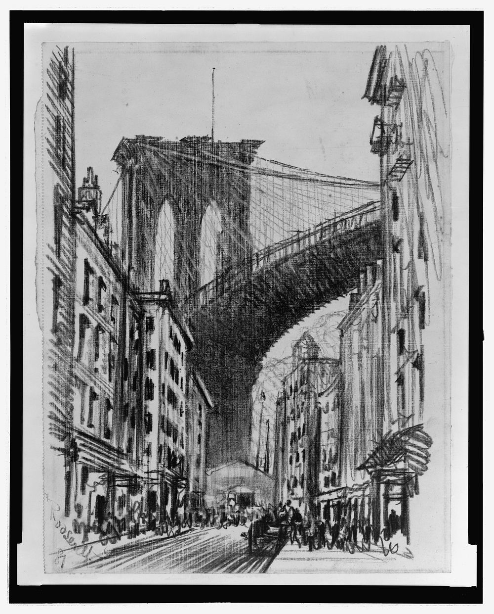 Tenements under Brooklyn Bridge (Brooklyn Bridge tenements) (ca. 1909) drawing in high resolution by Joseph Pennell.