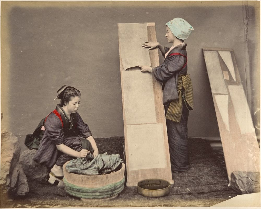 Two Japanese Women Posing with Laundry