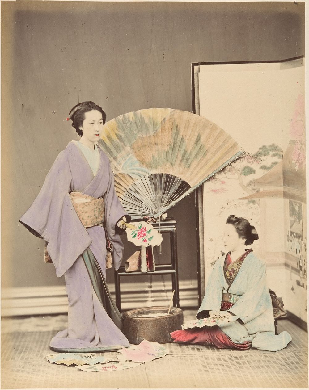 Two Japanese Women in Traditional Dress with Fan and Screen by Suzuki Shin'ichi