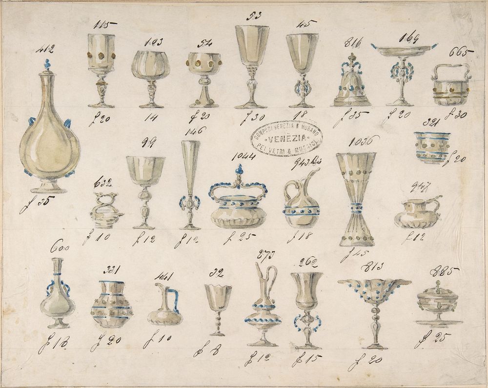 One of Twenty-Three Sheets of Drawings of Glassware (Mirrors, Chandeliers, Goblets, etc.)