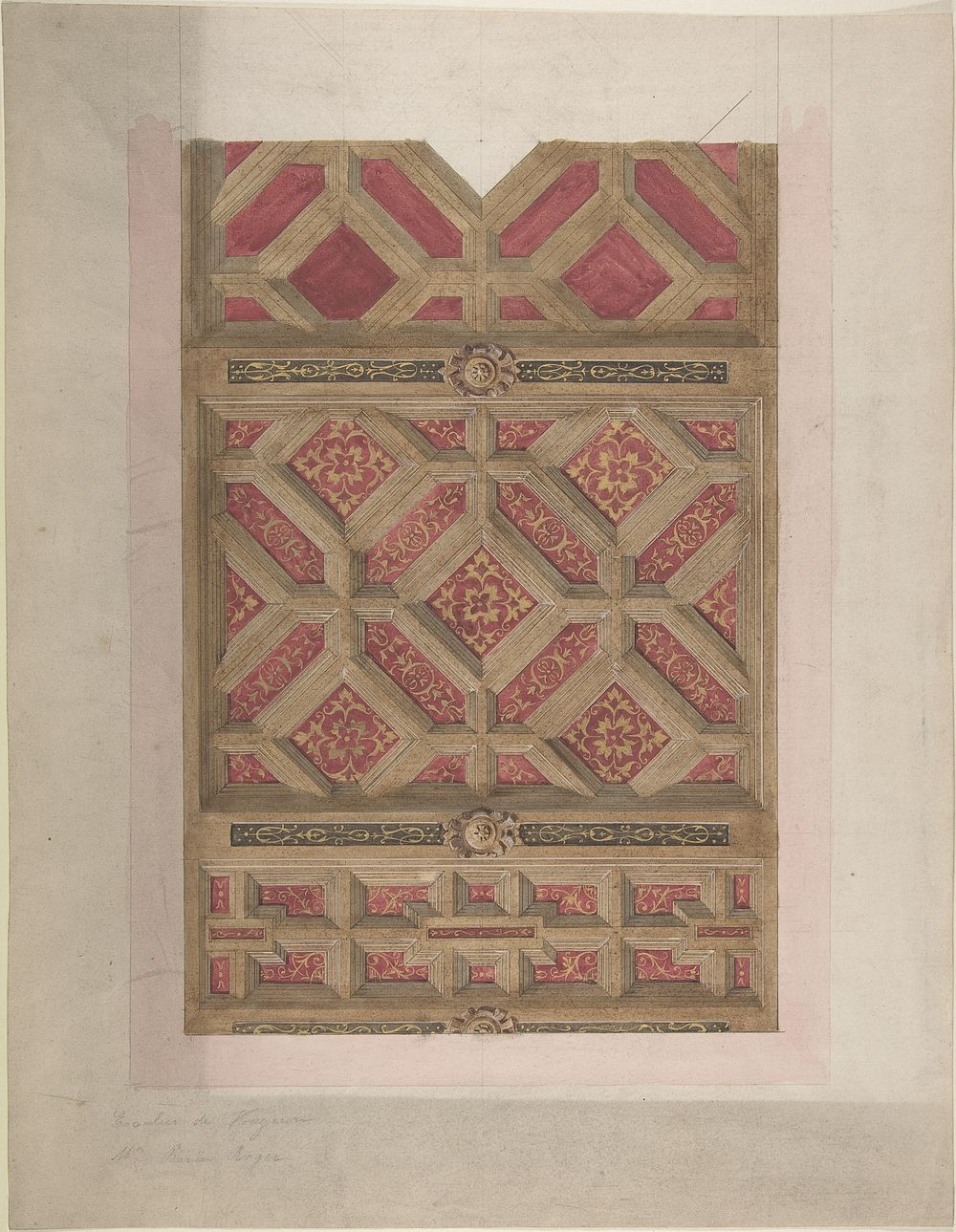 Design for Coffered Ceiling in Red and Gold by Jules Edmond Charles Lachaise and Eugène Pierre Gourdet