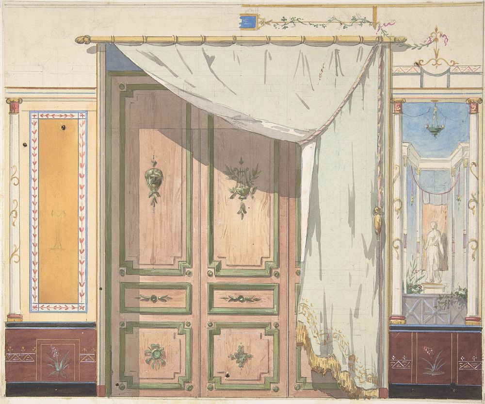 Pompeiian Design for Doorway and Wall with Curtain (possibly for Deepdene, Dorking, Surrey) by Jules Lachaise and Eugène…
