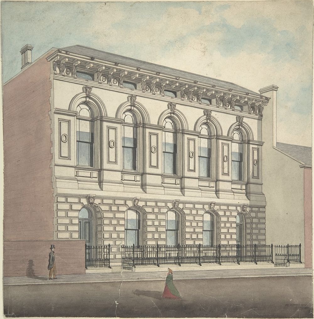 Perspective elevation, from left, of stonefaced building of five bays and two stories