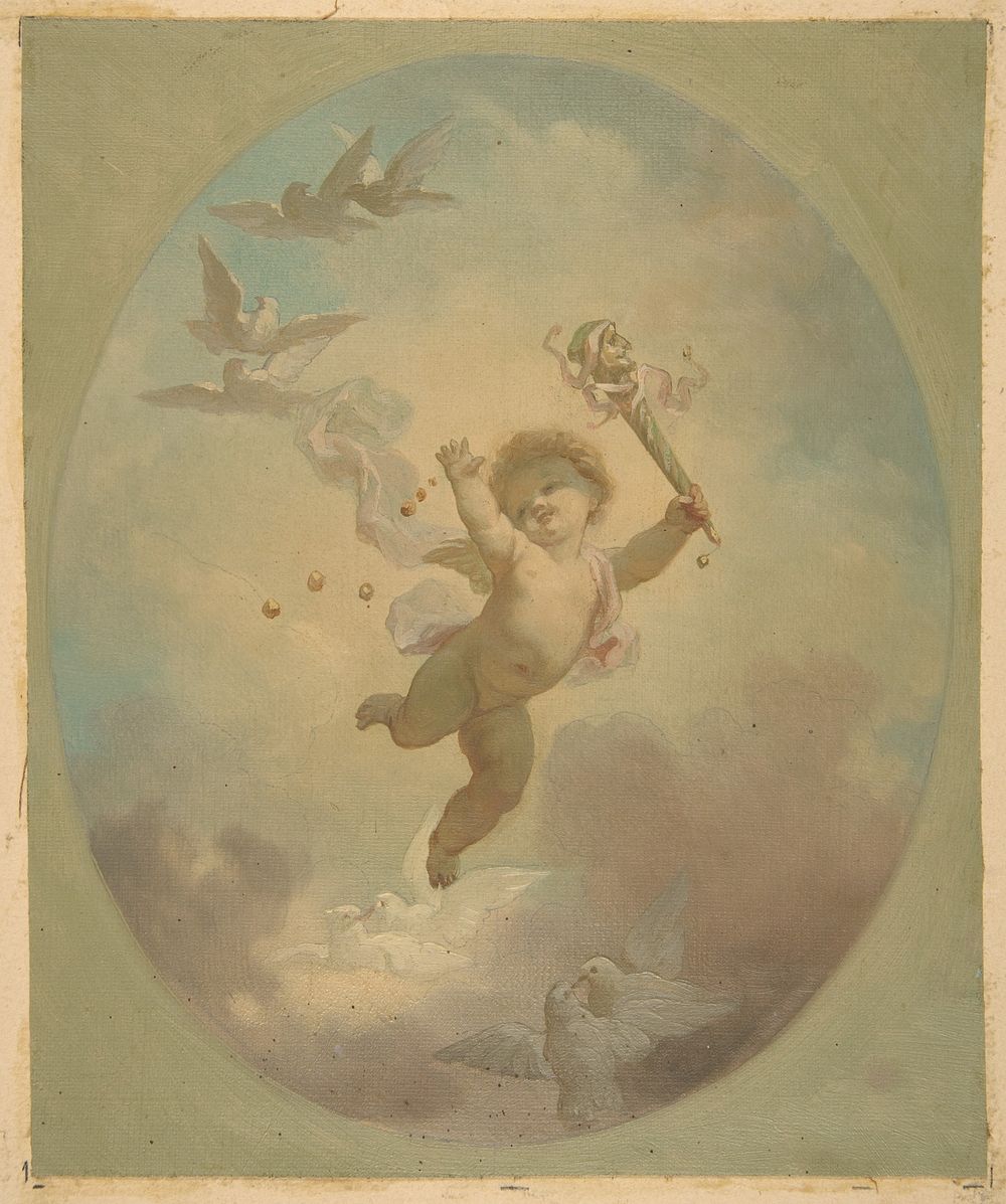 A winged putto and turtle doves by Jules-Edmond-Charles Lachaise and Eugène-Pierre Gourdet