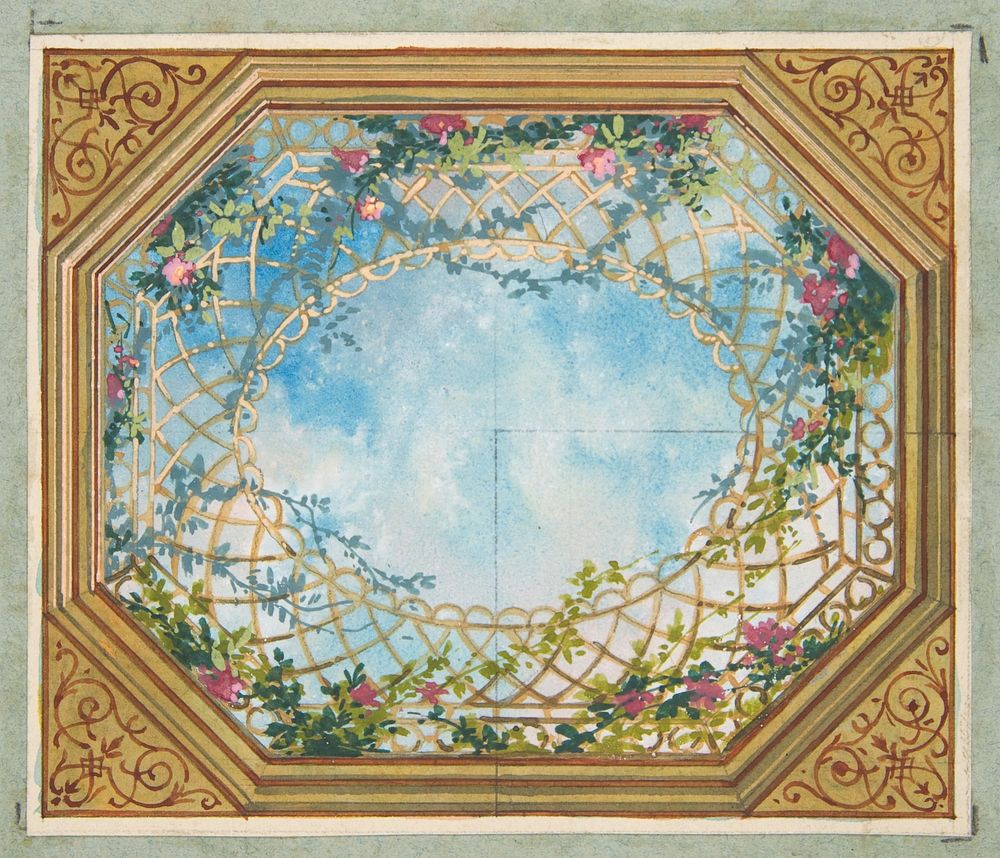 Design for a ceiling painted with clouds, trellises, and roses by Jules Lachaise and Eugène Pierre Gourdet