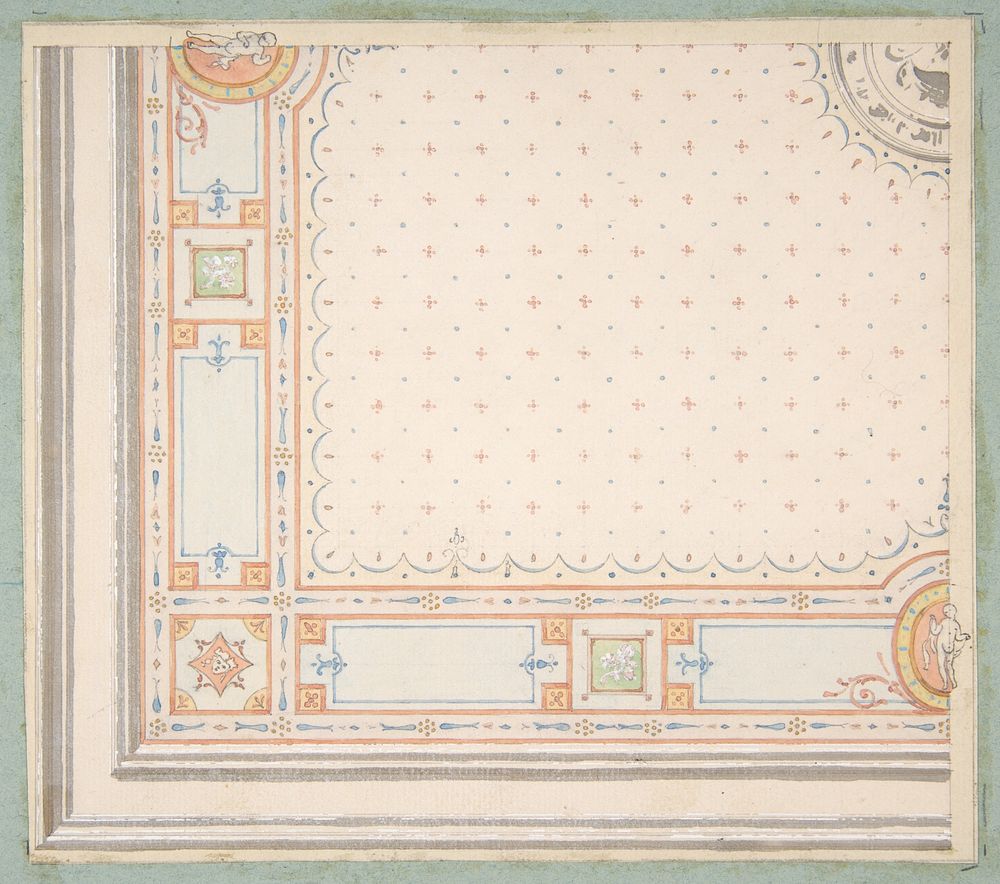 Design for a ceiling (recto); meaurements with design code (verso) by Jules Edmond Charles Lachaise and Eugène Pierre Gourdet