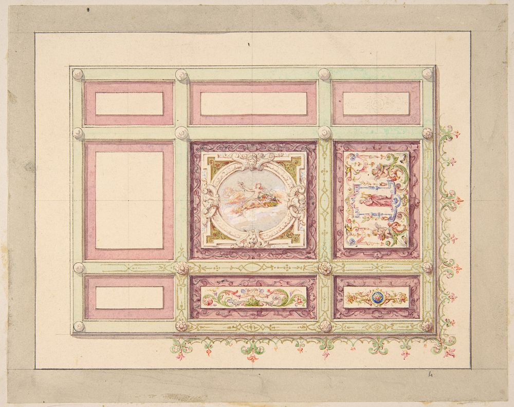 Design for a ceiling with allegorical panels by Jules Edmond Charles Lachaise and Eugène Pierre Gourdet