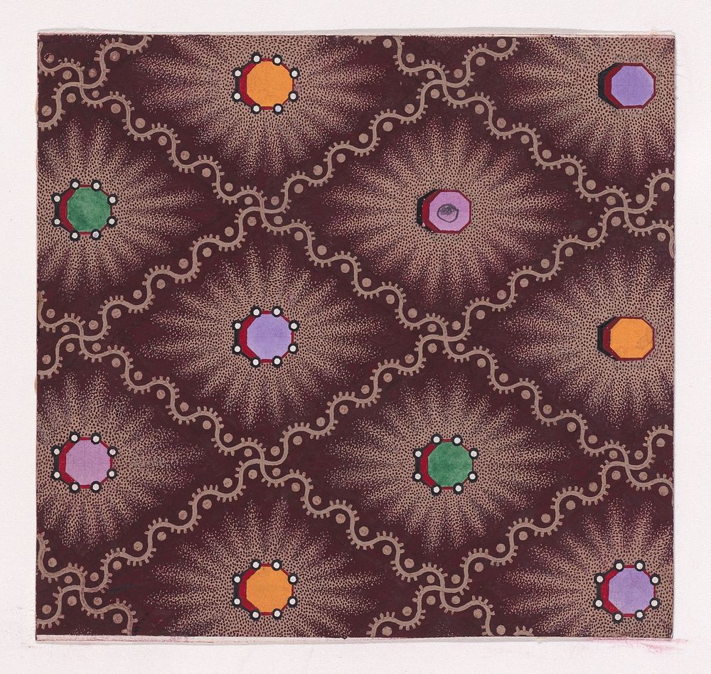 Textile Design with a Pattern of Seamless Lozenges Formed by a Undulating Ribbons with Dots, Decorated with Octagons with…
