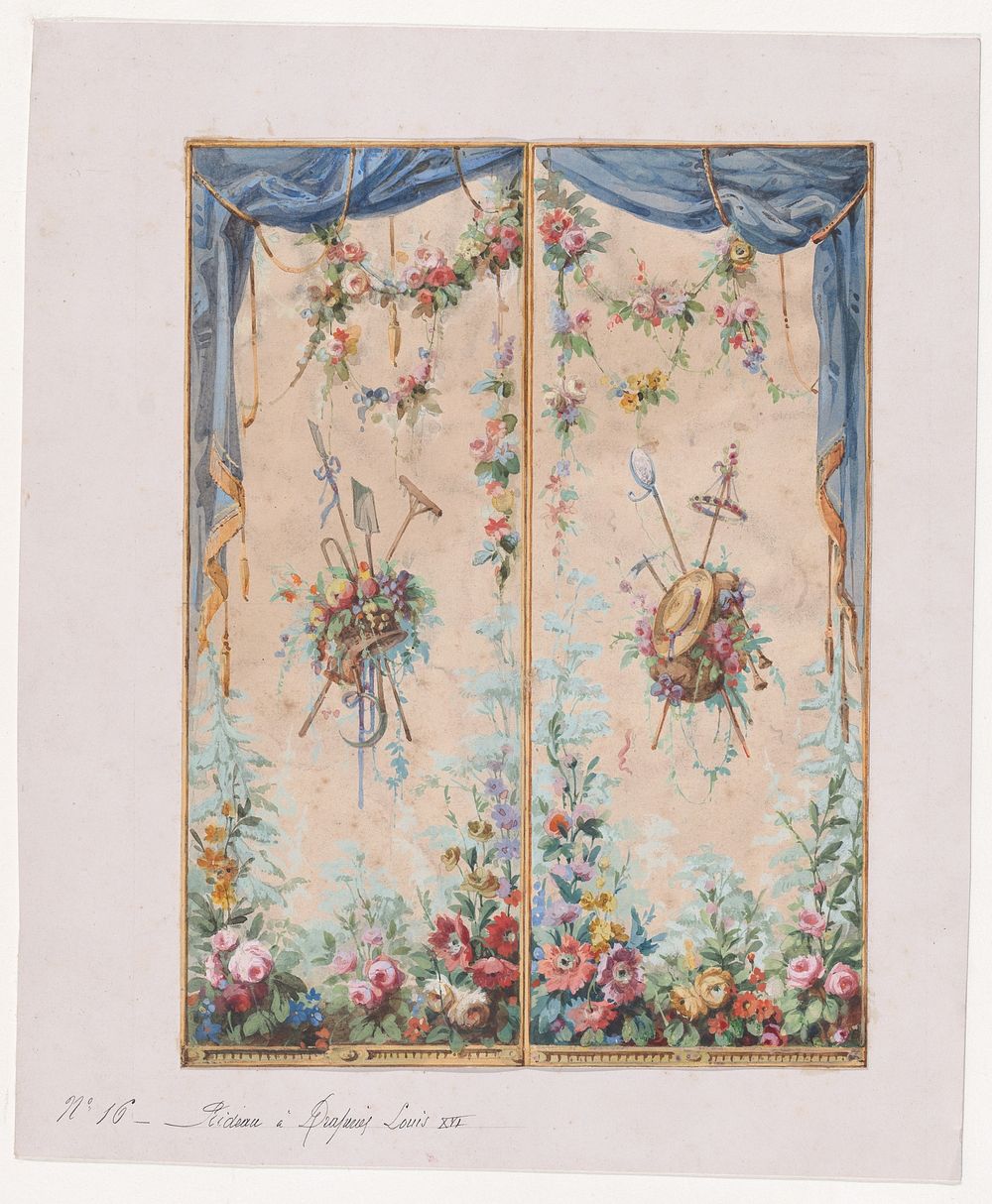 Design for a Valance in the Style of Louis XVI with Bushes and Garlands of Flowers and Containing Two Decorative Bunches of…