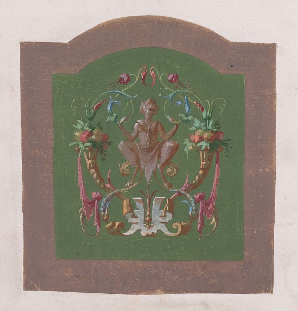 Design for a Chair Back Cover with a Squatting Half-Human Grotesque Figure Inside an Ornamental Frame Made of Two…