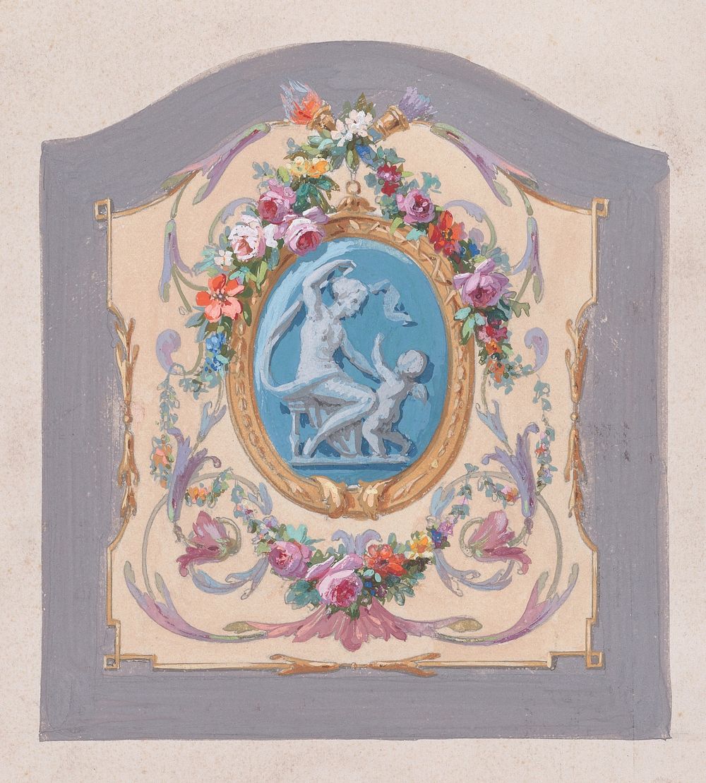 Design for a Chair Back Cover with an Oval-Shaped Ornamental Frame with a Kneeling Woman and a Playful Putto Surrounded by…