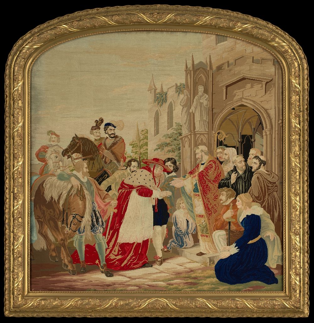 Needlework picture of scene from Shakespeare&rsquo;s Henry VIII", Probably by Agnes (Pruyn) Strain (1839&ndash;1898)