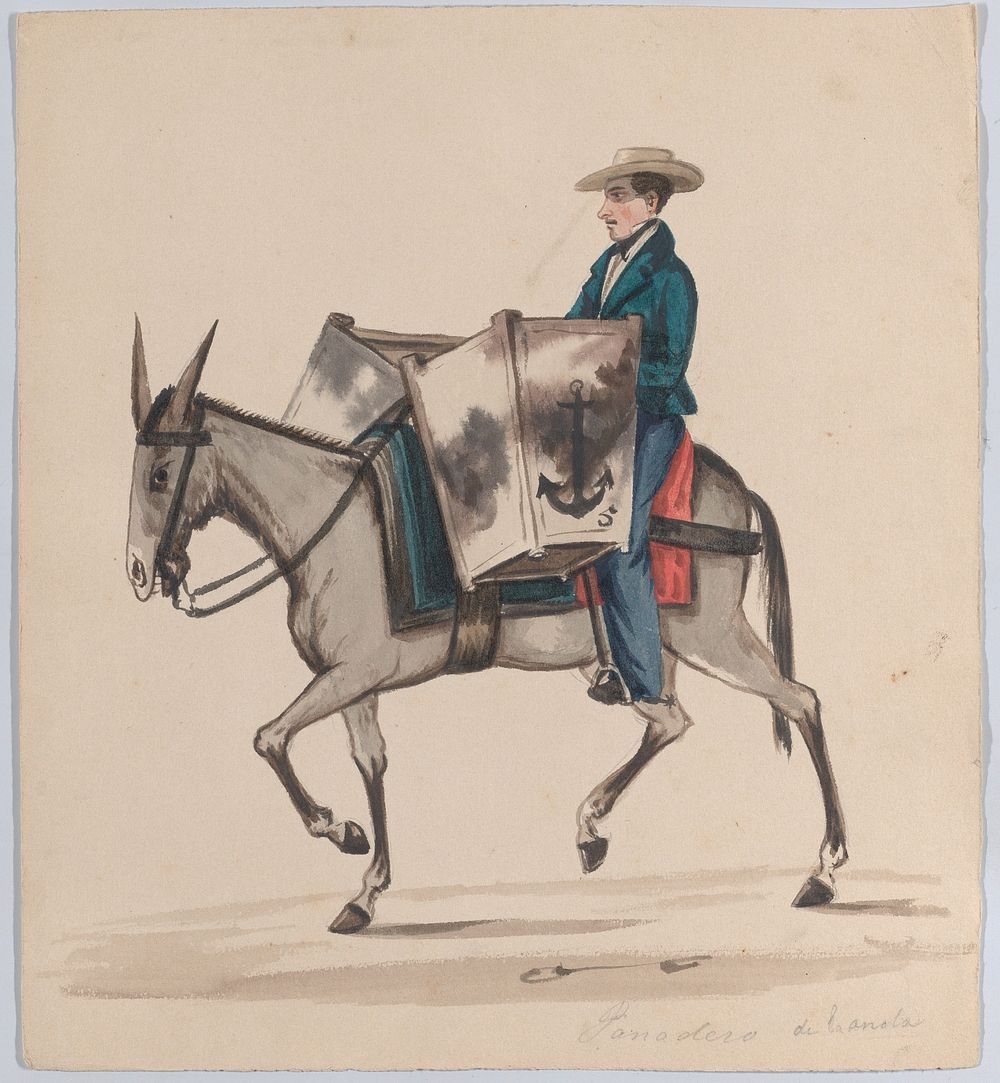 A baker on horseback, from a group of drawings depicting Peruvian dress