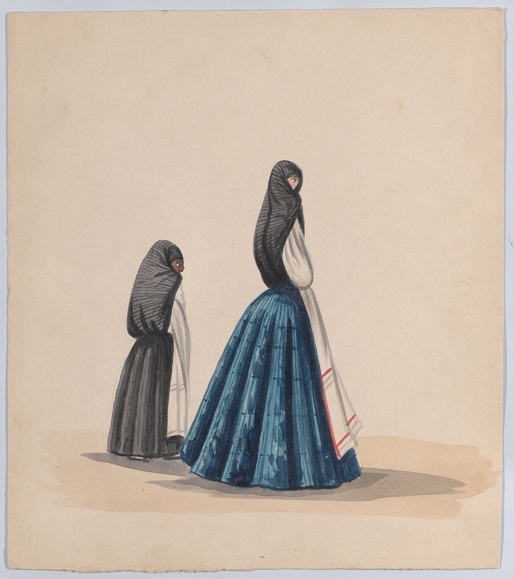 Two woman wearing the saya viewed in profile, from a group of drawings depicting Peruvian dress