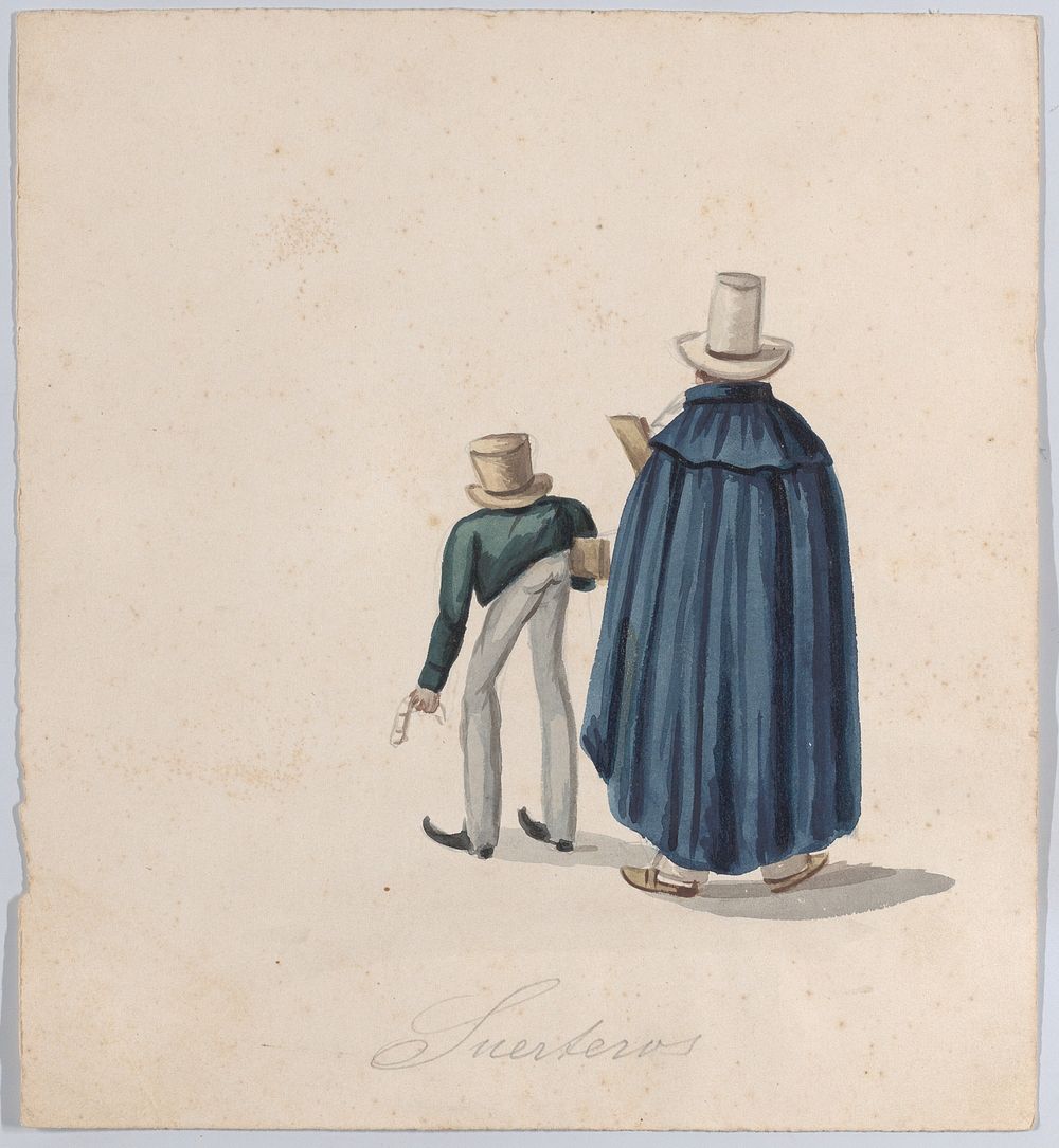 Two fortune tellers (?) wearing top hats viewed from behind, from a group of drawings depicting  Peruvian dress