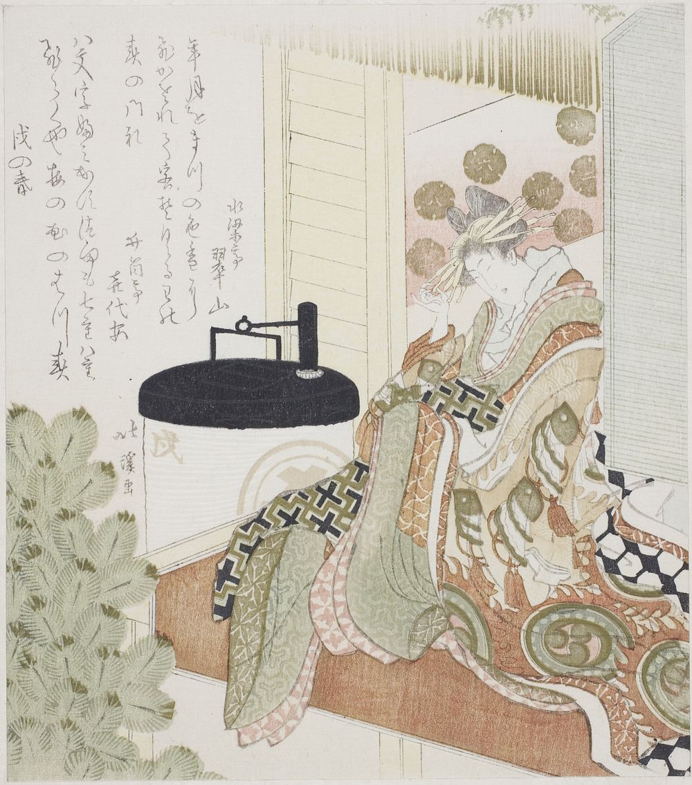 Courtesan sitting on a veranda next to a lantern by Totoya Hokkei