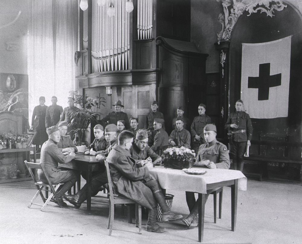 U.S. Army Evacuation Hospital No. 29, Prum, Germany, interior view - Red Cross recreation room .Original public domain image…