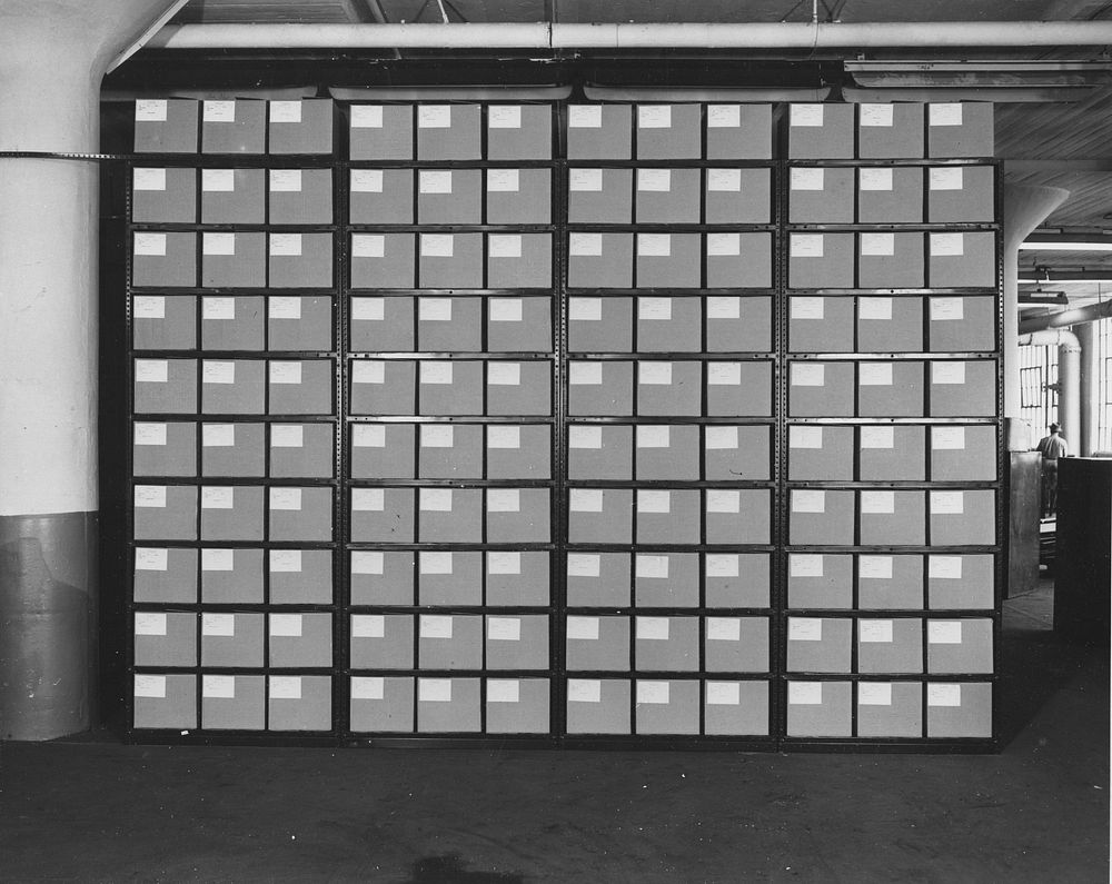 Photograph of Steel Shelving and Records at Federal Records Center, Alexandria, Virginia, Front View. Original public domain…