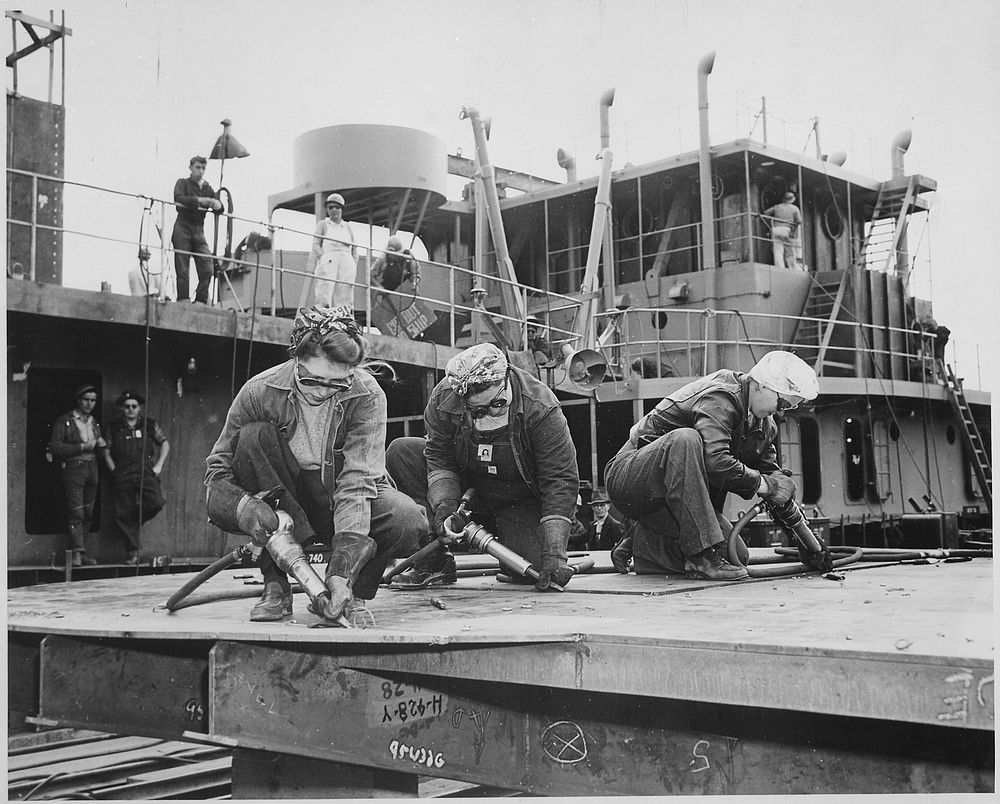 Chippers in a Shipyard (Shipbuilding. Three Women Working), 1942. Original public domain image from Flickr