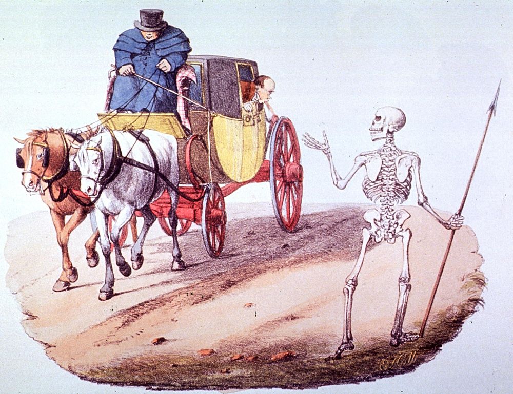 Death meeting coach. A skeleton is standing on the road. A horse drawn coach is passing by. The ill passenger is leaning out…