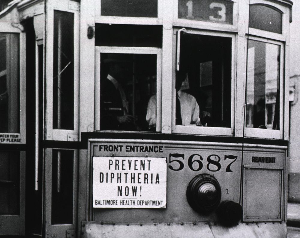 Prevent Diphtheria Now! Close-up of sign on Trolley No. 5687Format:Still imageOriginal public domain image from Flickr