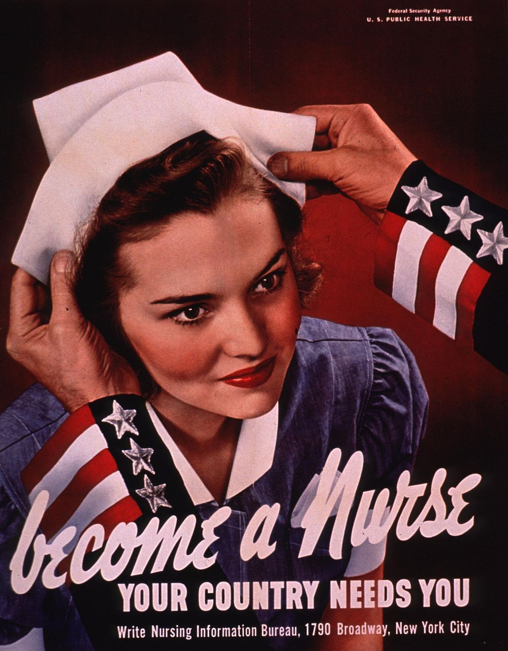 Become a nurse, your country needs you. Multicolor poster with white lettering. Some publisher information in upper right…