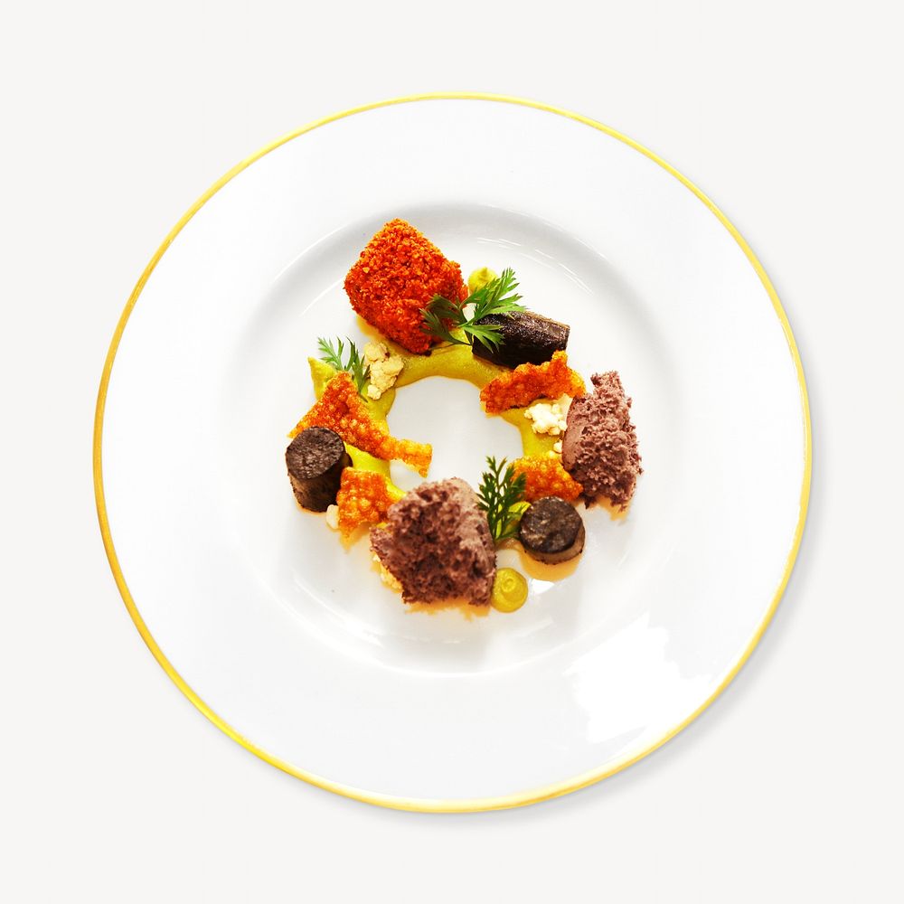 Fine dining dish image, food photo on white