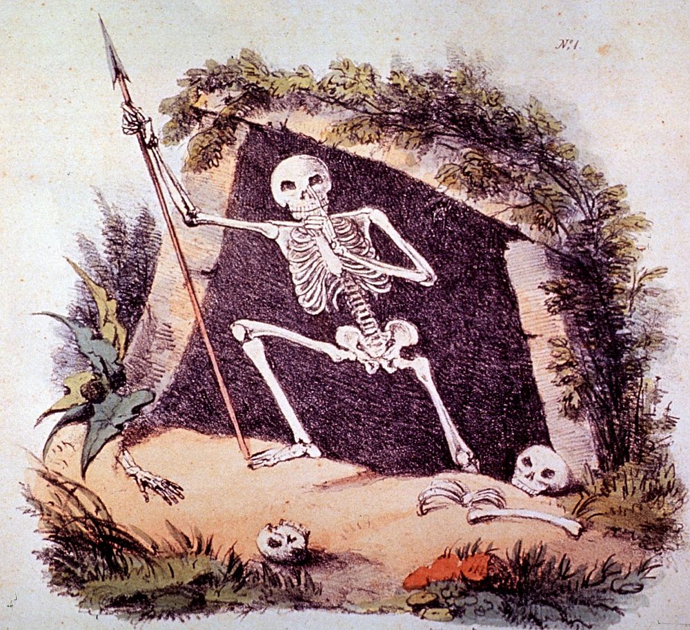 One day the dreary old King of Death. Death, bored, comes forth from his cave. Original public domain image from Flickr