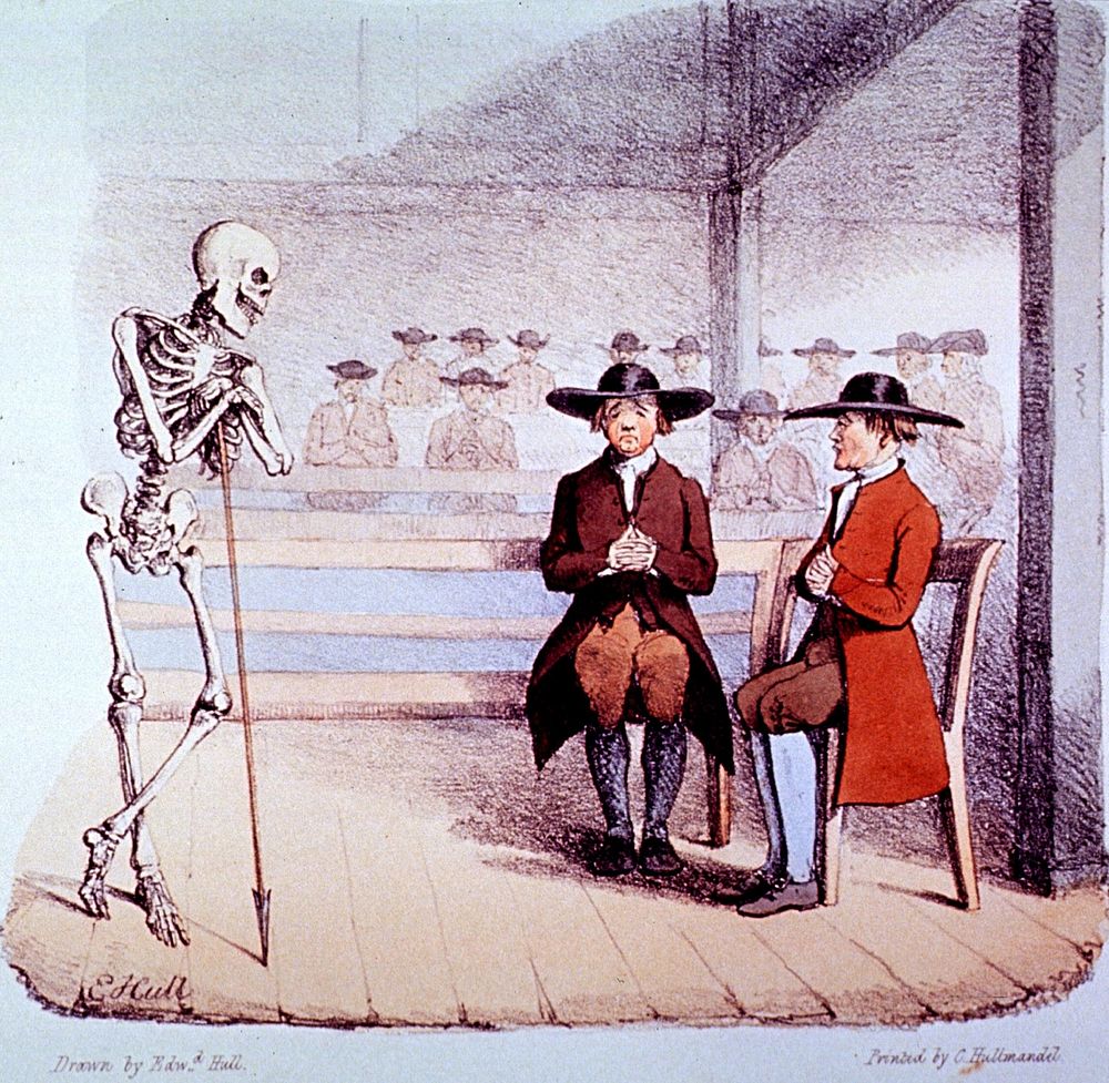 Death saw two Quakers sitting at church. Death appears to Quakers in church. Original public domain image from Flickr