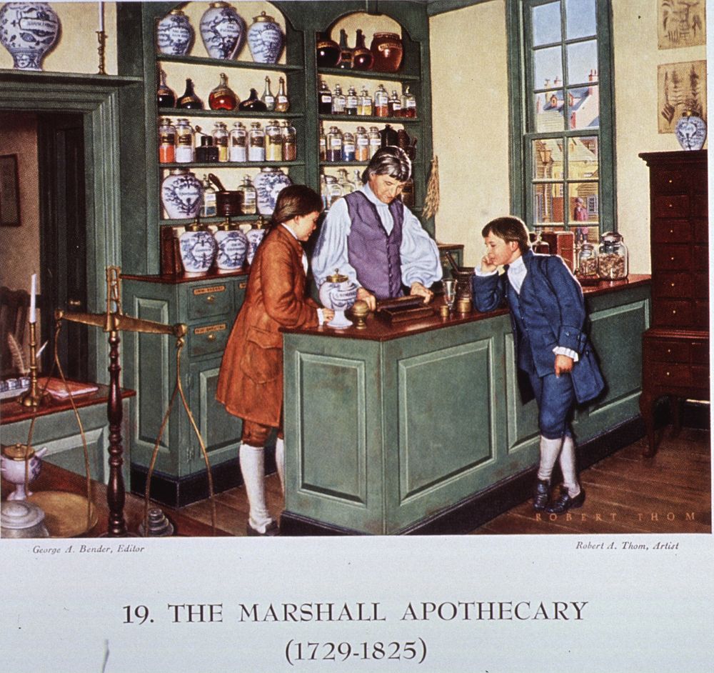 19. The Marshall Apothecary (1729-1825). Depiction of Christopher Marshal and his two sons, Charles and Christopher, Jr., in…