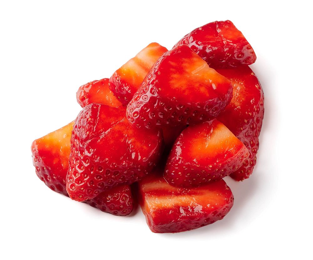 1/2 cup sliced strawberries on white background (1/2 cup fruits).