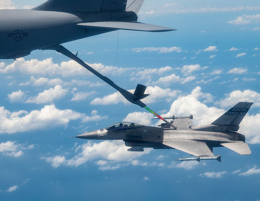 A U.S. Air Force F-16 Fighting Falcon assigned to the South Carolina Air National Guard’s 169th Fighter Wing receives in…