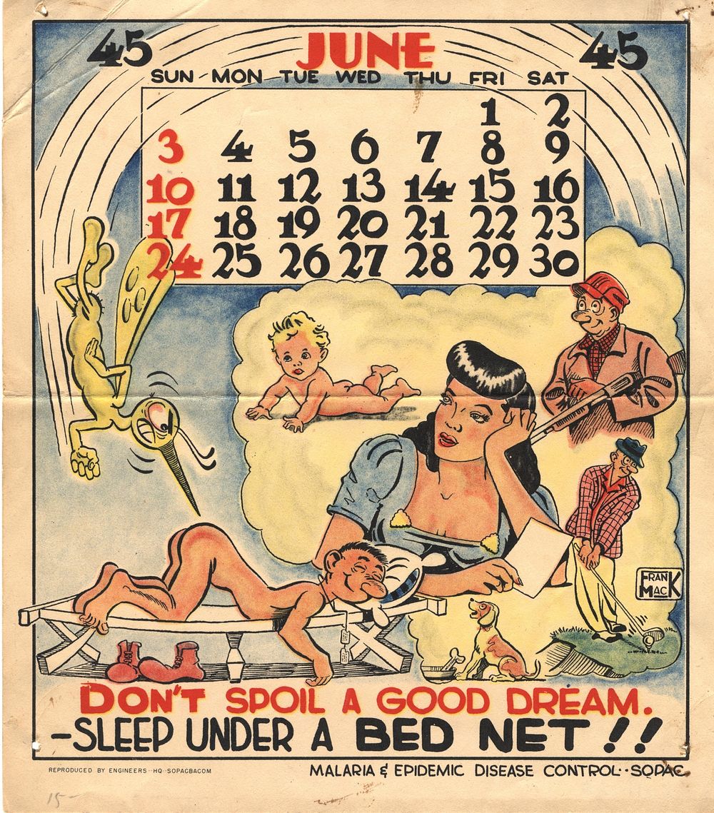 Don't spoil a good dream sleep under a bed net. A naked man is shown sleeping on a cot. In a dream bubble above his head are…