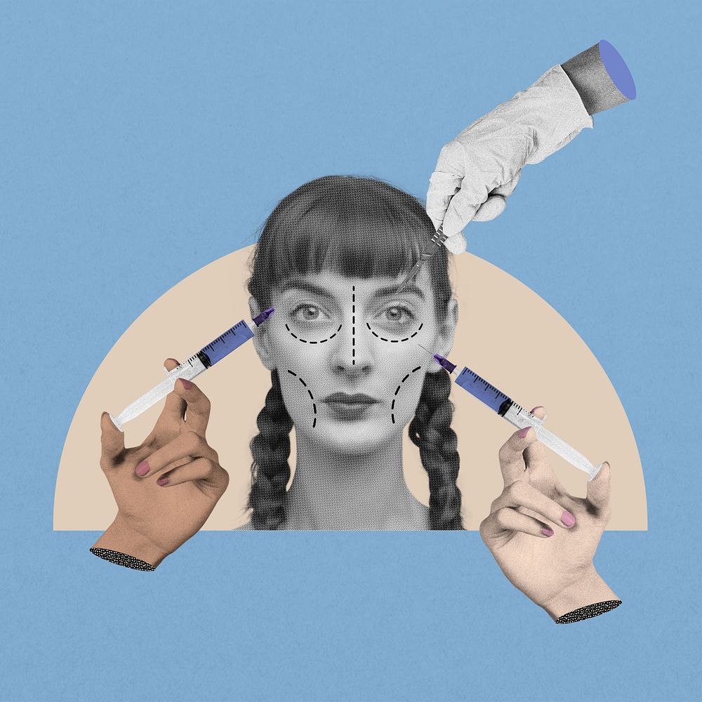 Cosmetics surgery woman, creative beauty collage