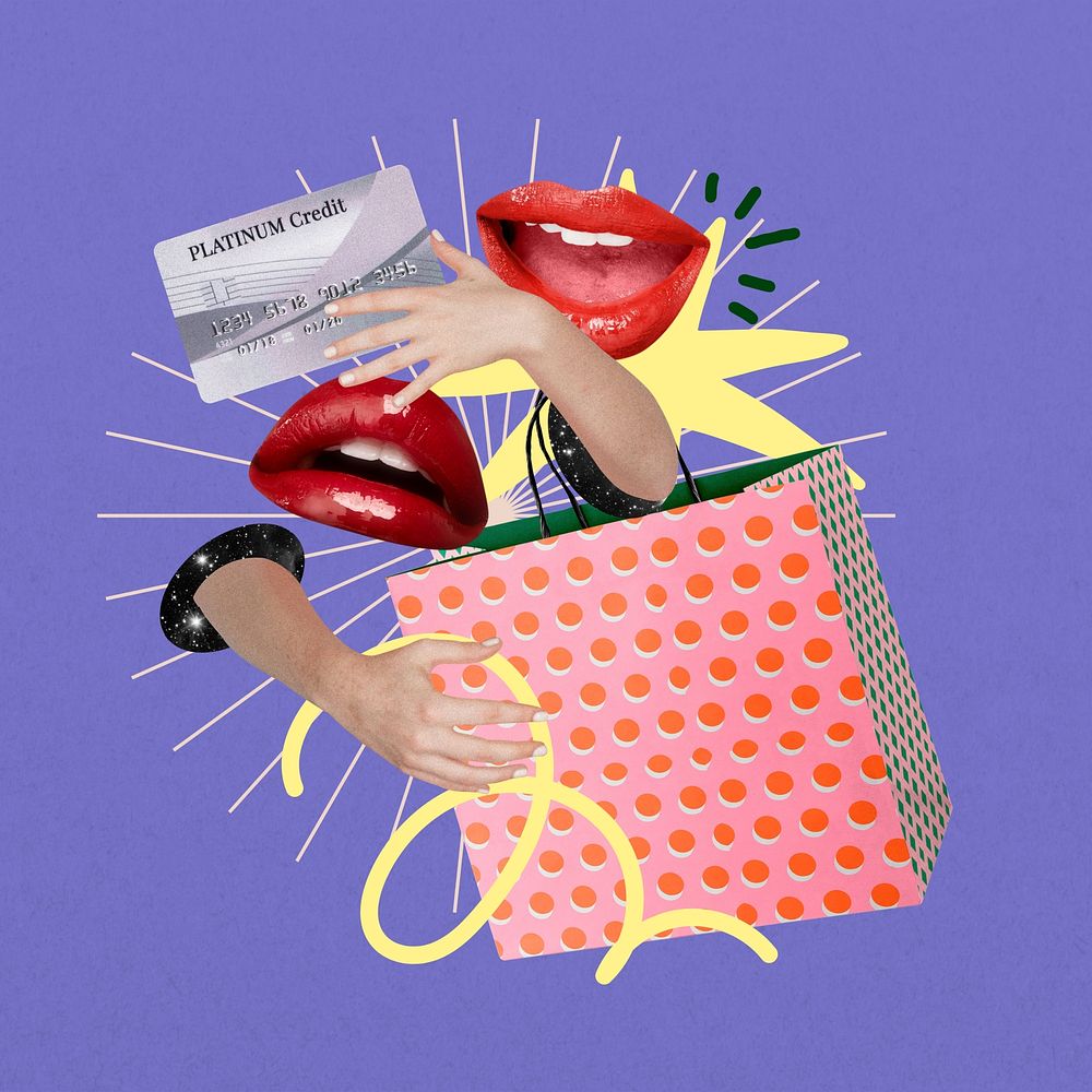 Shopaholic aesthetic, creative shopping collage