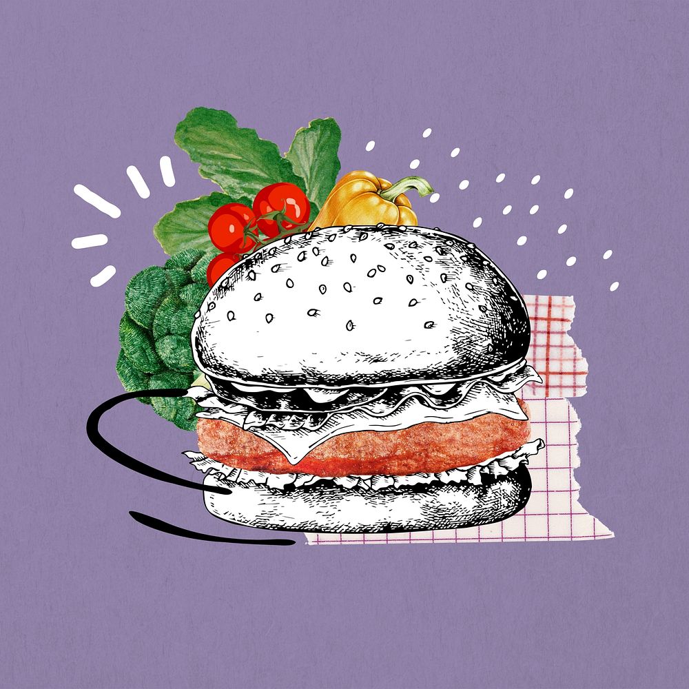 Plant-based burger, vegetarian food collage