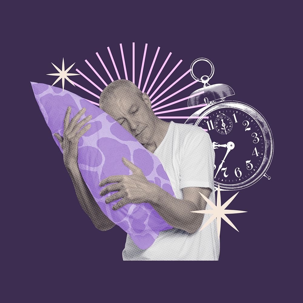 Man hugging pillow, creative mental health collage