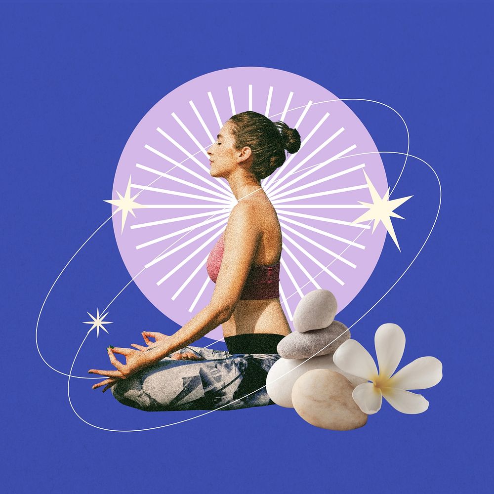 Meditating woman, creative wellness collage