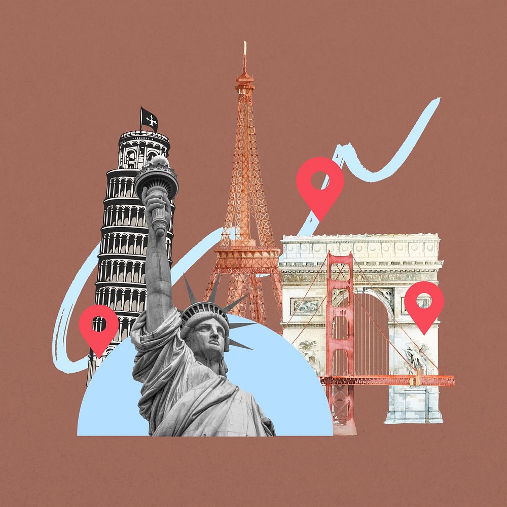 Famous travel landmarks, creative collage