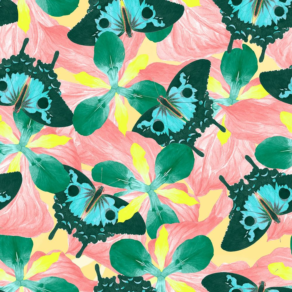 Butterfly botanical seamless pattern, exotic nature background remix from The Naturalist's Miscellany by George Shaw