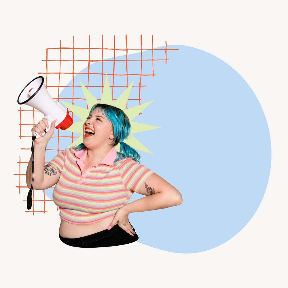 Woman announcing collage element, colorful design