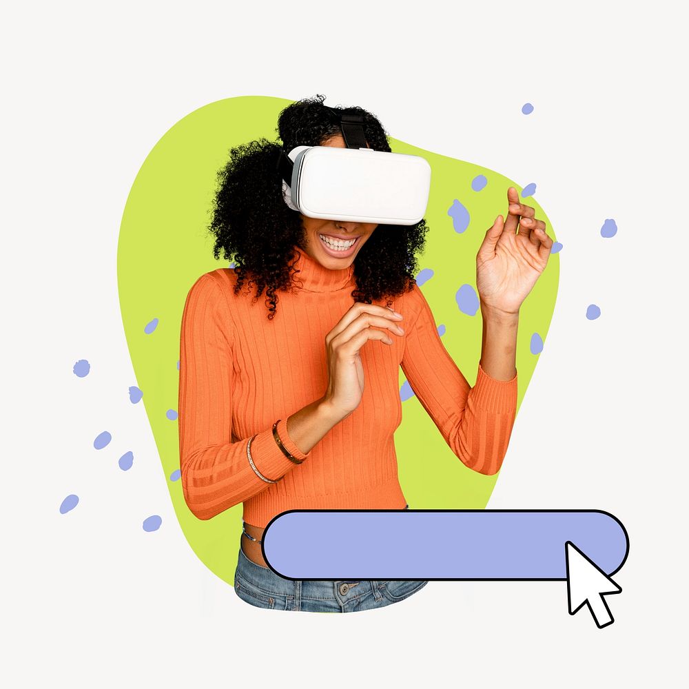 Woman enjoying VR collage element, colorful design