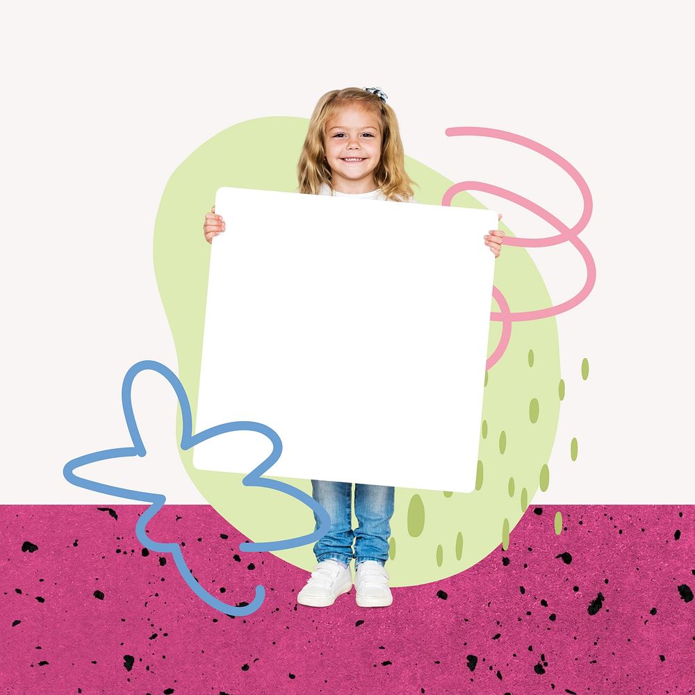 Girl holding sign collage element, cute design