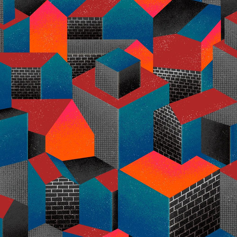 Retro Bauhaus patterned background, red houses geometric illustration