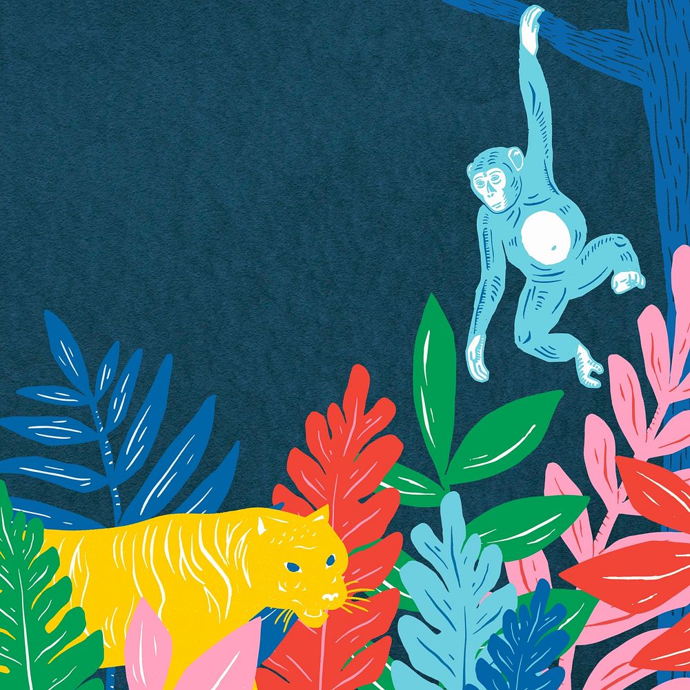 Animal forest blue background,  wildlife illustration