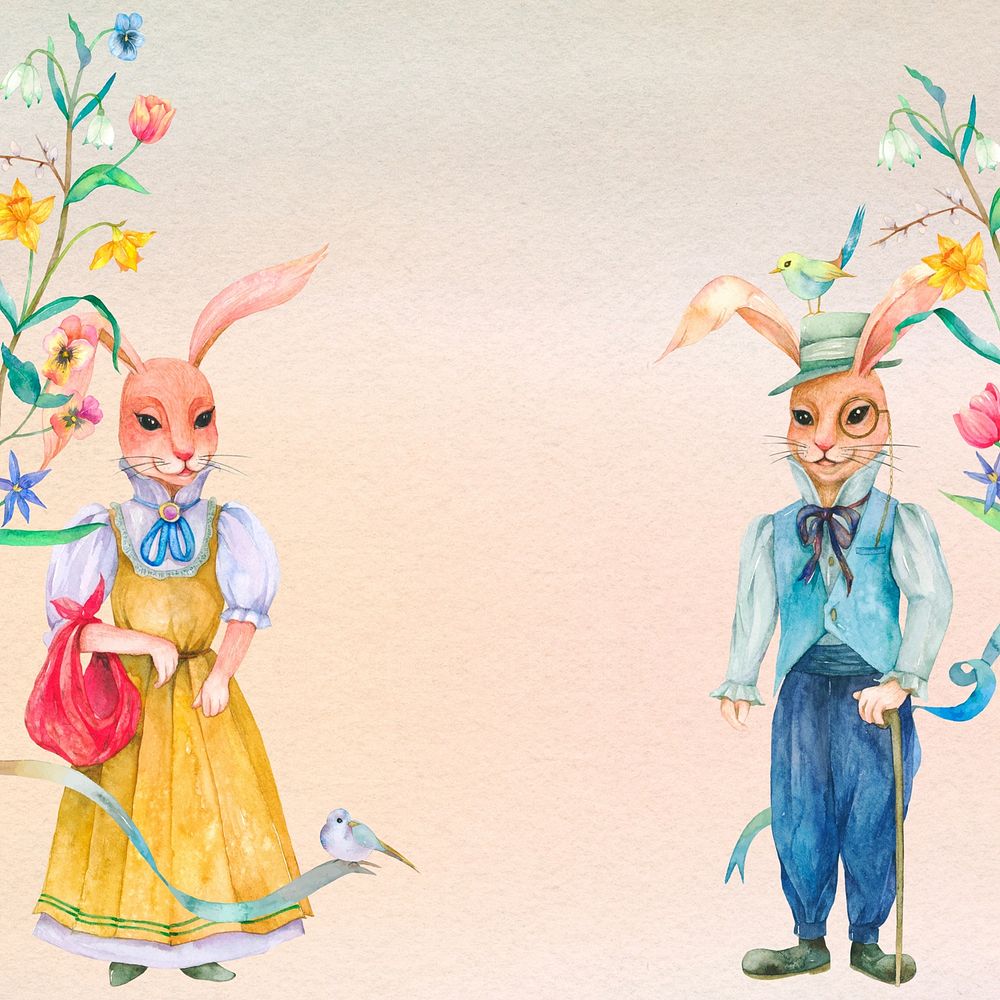 Spring rabbit characters, watercolor illustration