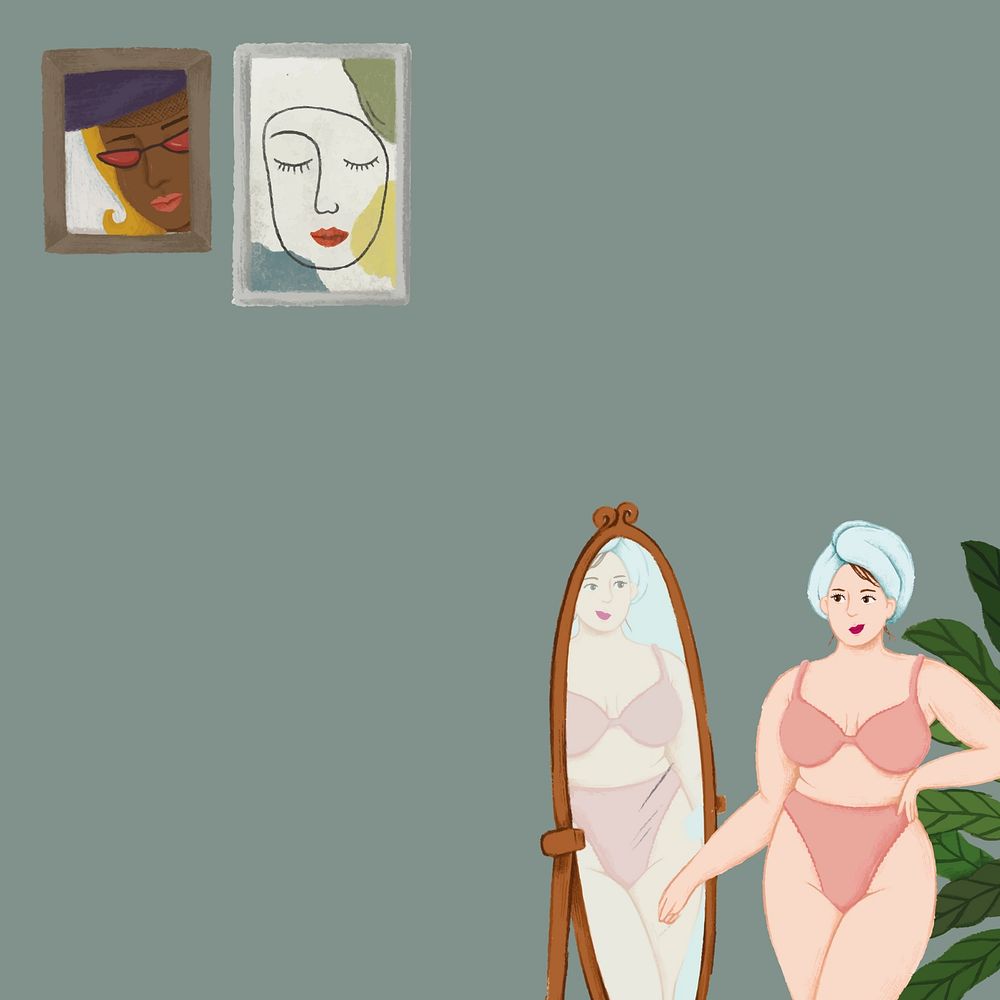 Aesthetic self-love, woman looking at mirror illustration