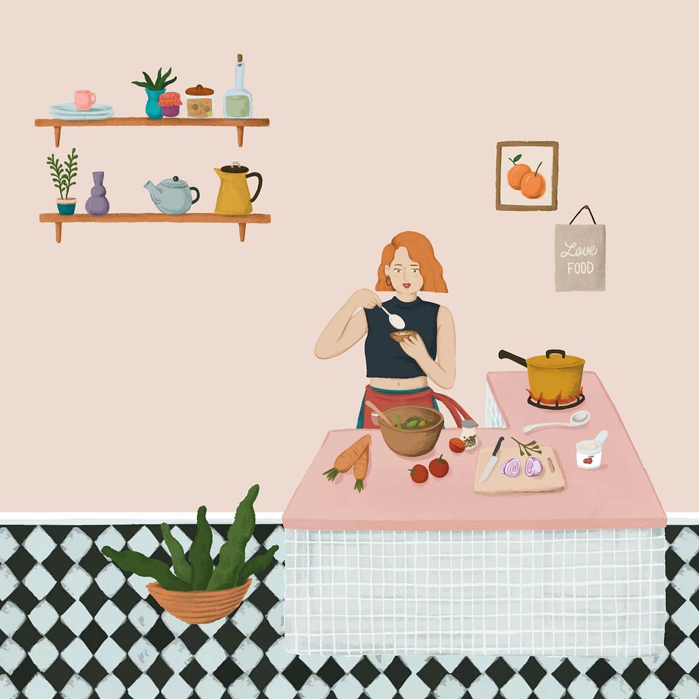 Cooking woman, feminine kitchen illustration