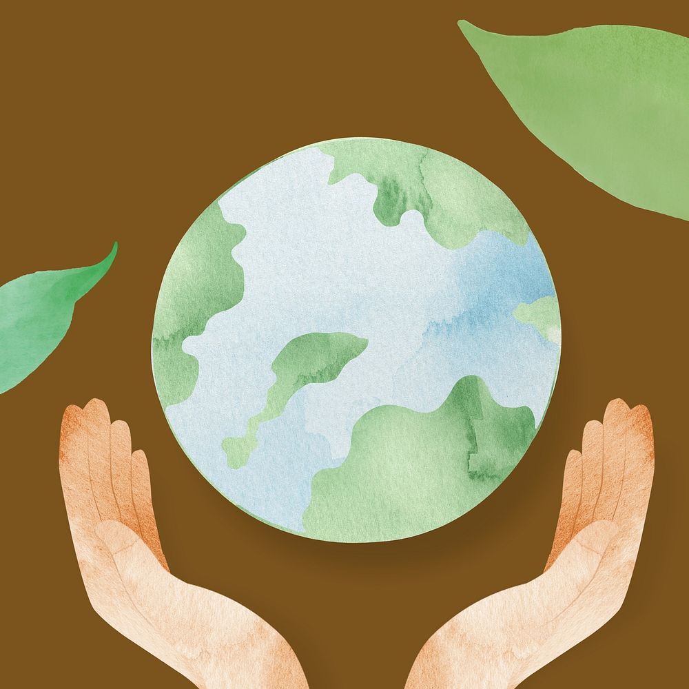 Environmentally friendly watercolor illustration, cupped hands & globe, brown background